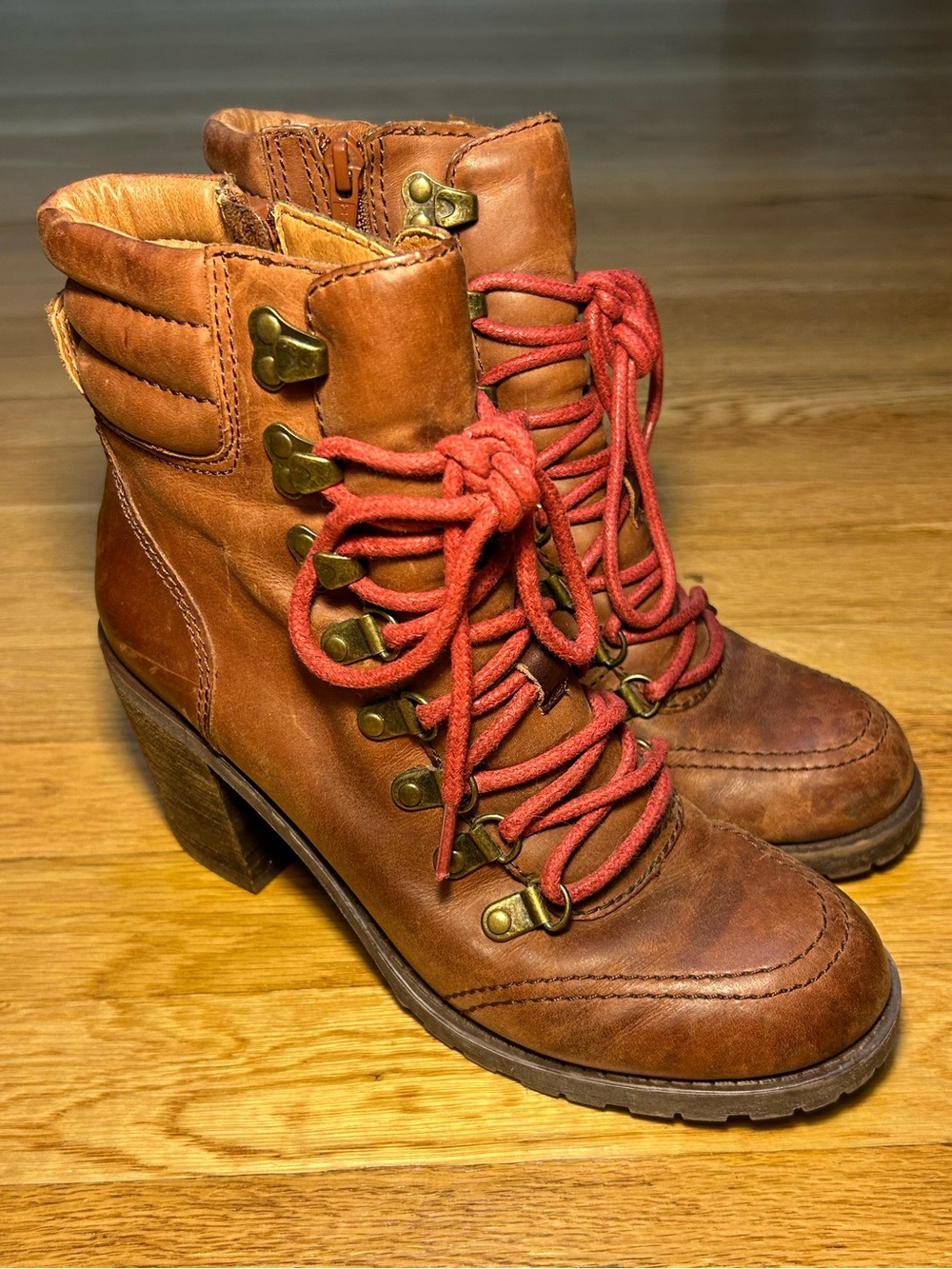Lucky Brand Brown Leather Lace-Up Heeled Ankle Boots with Red Laces